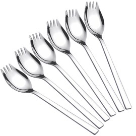 Pack of 6 Stainless Steel Spork Spork, Long Salad Spoon, 2-in-1 Dinner Fork, Soup Spoon, Salad Fork, Pasta Spoon, 190 mm Long, 35 mm Wide, Dishwasher Safe for Cakes, Pizza, Pastries and Buffets