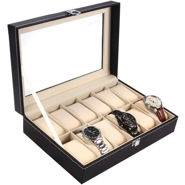 Ohuhu Watch Box Organizer for Men -12 Slot Leather Watch Case with Real Glass Lid Watch Display Case, Watch Organizer Jewelry Storage Box