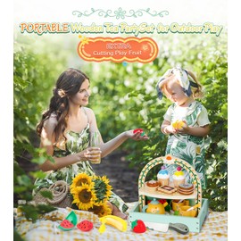 Wooden Tea Set for Toddlers Girls, Tea Party Set Food Pretend Play Kitchen Playset for 3 4 5 6 Years Little Girls, Jeowoqao Portable Princess Tea Party Toys Gifts with Cutting Fruit