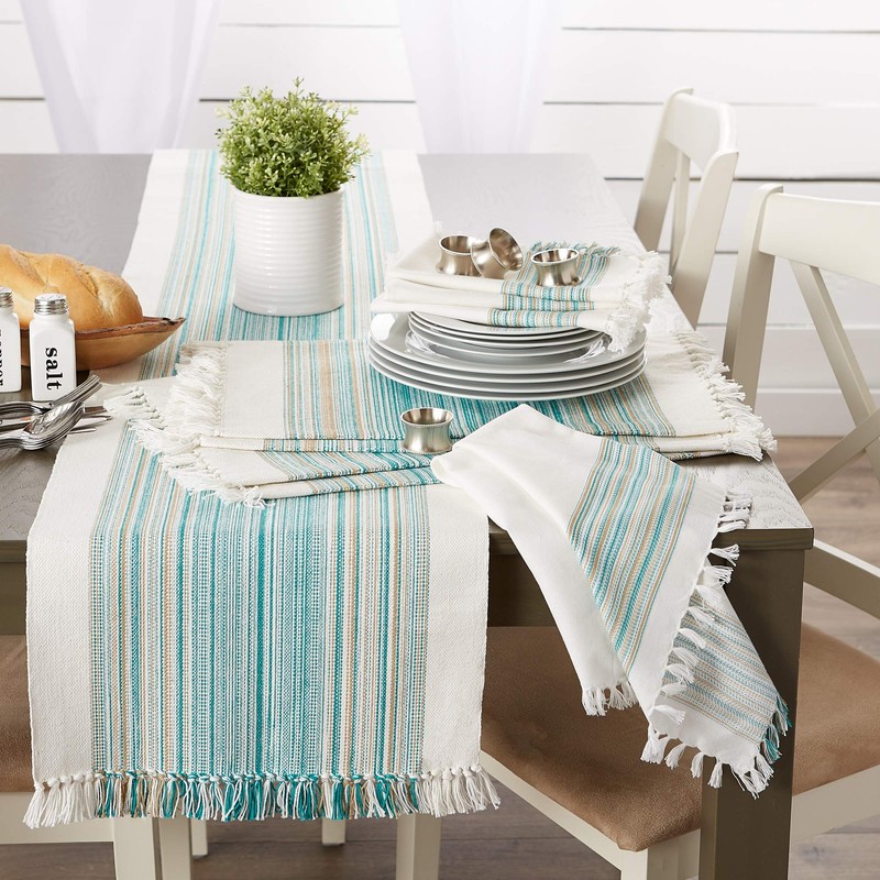 DII Everyday Collection, Fringed Stripe Tabletop, Napkin Set, Teal, 6