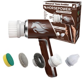 Horsepower Scrubber, Waterproof, Electric Power, Spins 350 RPM, 5 Brush Heads, AS SEEN ON TV, Cleans Dirt & Grime, Tile, Grout, Bathrooms, Kitchen, Auto Rims, Outdoor Furniture & More, Rechargeable