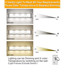 SOLFART 3 Color Temperature Dimmable 4 Light Bathroom Light Fixtures Over Mirror Adjustable LED Vanity Lighs 3000K/ 4500K/ 6000K 3C