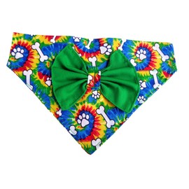 Tie Die Print Bones Paws Dog Bandana Green Bow Dogwear Petwear Slip Over the Collar No Tie Pet Neckwear