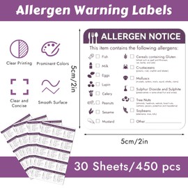 Allergen Labels, 450 pcs Allergen Stickers, Food Allergy Labels Stickers, Allergen Warning Labels for Commercial, Kitchens, Catering, Outlets (5 x 5 cm)