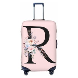 Elastic Travel Luggage Cover Cute Pink Suitcase Protector Bag,Black Letter R With Boho Floral Flowers Leaves Anti-Scratch,Dust-Proof Washable Suitcase Sleeve For Kid Adult,L (For 25-28 Inch Luggage)