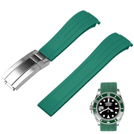 Juntan 20mm 22mm Curved End Rubber Watch Band, Tapered Silicone Curved Replacement Watch Strap Green for Men Women with Classic Diving Buckle