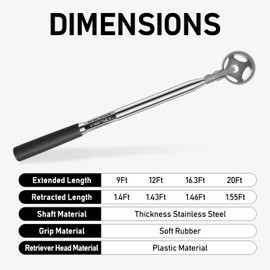 VIMPSEY 9Ft/12Ft/16.3Ft/20Ft Golf Ball Retriever for Water Telescopic, Stainless Steel Ball Retriever Tool Golf Ball Grabber (9Ft)
