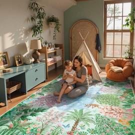 Lahome Spring Jungle Rug, 9x12 Green Area Rug for Bedroom Large Living Room Area Rug, Soft Botanical Rug for Kids Room, Washable Non Slip Non Shedding Indoor Carpet for Dining Room Playroom