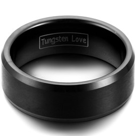 JewelryWe Jewellery 8 mm Wide Tungsten Carbide Men's Women's Ring, Matte Black with Bevelled Edge, Partner Rings, Engagement, Wedding Band, Size 52 to 65, Tungsten