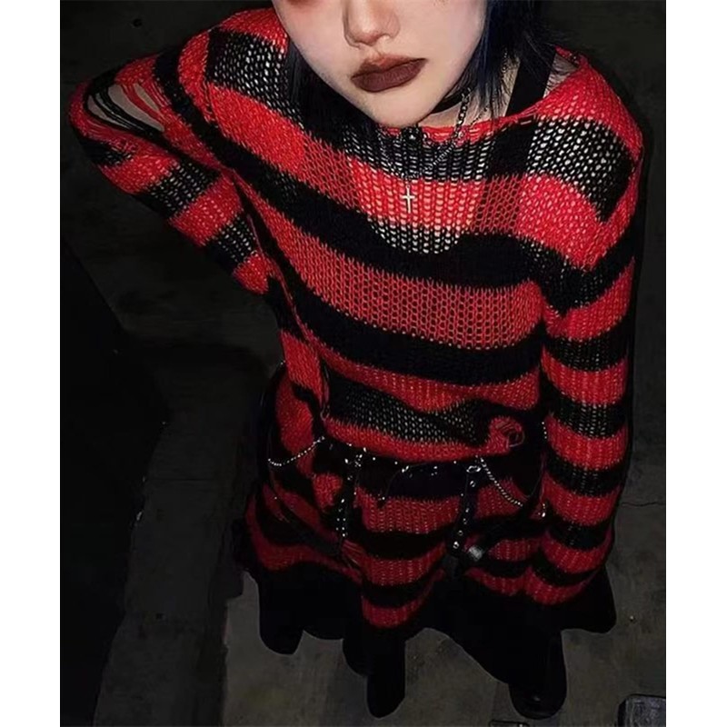 URAWESO Red and Black Goth Distressed Stripe Knit Sweater Dress