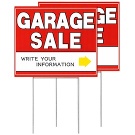 2 Pack Garage Sale Signs, 12" x 10" Large Double-Sided Garage Sale Sign with Metal Stakes, Weatherproof Garage Sale Kit with Directional Arrows for Outdoor Sales Event