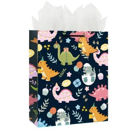 LEAYUGF 13" Large Cartoon Dinosaur Happy Birthday Gift Bags with Tissue Paper For Boy Birthday Party Baby Shower Anniversaries Supplies with Handles