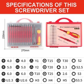 26 in 1 Insulated Screwdriver Set, Magnetic Electrician Multifunctional Screwdriver Tool Kit, Dual Head Interchangeable Bits Torx Hex Slotted Screwdrivers for Electricians Repair