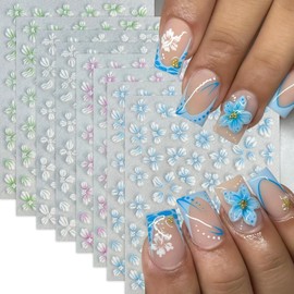 4Sheets 5D Embossed Flower Nail Stickers Hibiscus Flower Nail Art Stickers White Pink Blue Green Flower Nail Decals Self-Adhesive Petal Nail Design Ice Flowers Sticker for Women Manicure Decorations