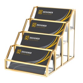 AojSup 4 Slots Glass Business Card Stands for Display, Desktop Business Card Holder with Gold Metal Frame, Clear Name Cards Organizer for Office, Exhibition, and Meetings (4.13" L x 5.9" W x 4.72" H)