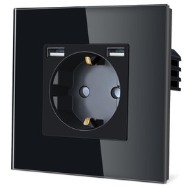 TAWOIA Schuko Socket with USB (Max 2.4 A), EU Standard Single Sockets with Crystal Glass Plate, Wall Sockets, Black, 86 x 86 mm