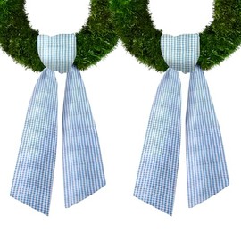 2 Pieces Wreath Sash for Front Door, Blue White Seersucker Wreath Sash Blue Buffalo Plaid Wreath Accessories Holiday Sash for Wreath Wedding Birthday Decorations