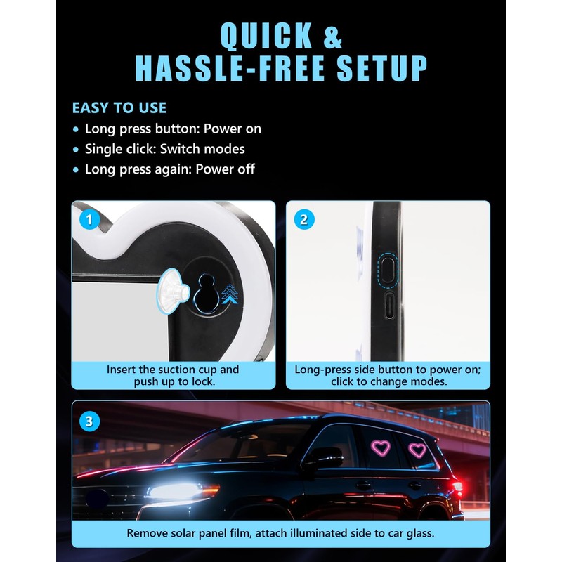 VANKUB 2PCS Solar-Powered Car Heart Lights, 5-Mode Wireless LED Ambient