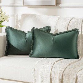 FUTEI Army Green Boho Throw Pillow Covers with Tassels 12x20 Inch Set of 2,Soft Velvet Lumbar Pillow Cases,Home Decor for Couch Living Room