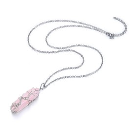 JSDDE Natural Rose Quartz Crystal Stone Necklace Life Tree Silver Wrapped Quartz Gemstone Pendant Necklaces Jewelry for Women