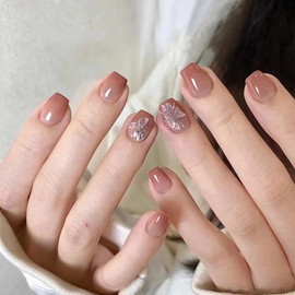 BABALAL Square Press on Nails Short Fake Nails Pink Glue on Nails Butterfly Design Acrylic Nails 24Pcs Glitter Squoval False Nails for Women and Girls