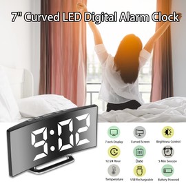 Digital Alarm Clock for Bedrooms, Bedside Clock with Modern Curved Design for Heavy Sleeper, 2 Brightness, 12/24H, Snooze, USB Power Supply, Power-off Memory (White)