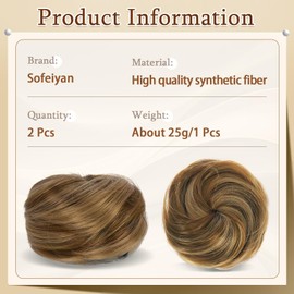 Sofeiyan 2PCS Mini Claw Clip in Hair Bun Messy Cat Ears Hair Bun Extension Synthetic Donut Wig Accessory Updo Space Bun Hair Pieces for Women Girls, Brown & Blonde