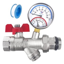 WiseWater 1" FNPT to 1" BSPT Stainless Steel Ball Valve with Strainer Filter, Thermometer & Pressure Gauge for Radiant Floor Heat PEX Manifold Loops