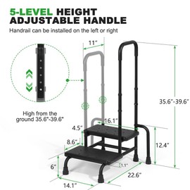 LUCKUP Step Stool with Handle, 2-Step Stools with Adjustable Handrail & Reinforced Leg, Bedside Stair Stool for Adults Elderly Children, Non-Slip Foot Bed Steps for High Beds, Kitchen, Bathtub