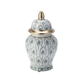 10" Temple Jar with Lid - Ceramic White, Green and Gold Palm Tree Decorative Stoneware for Home, Office, Gift Idea