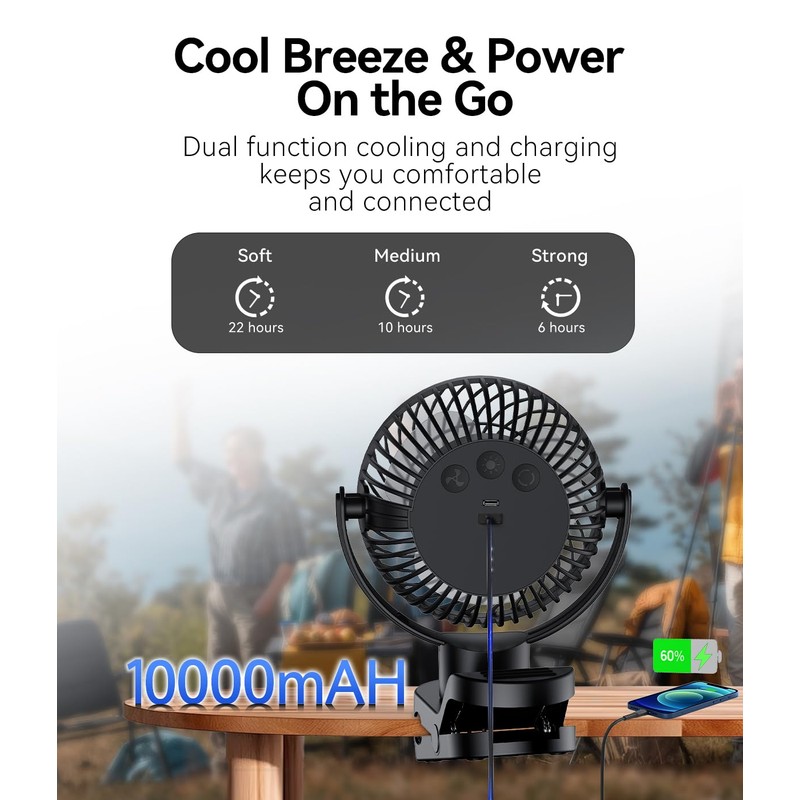 Leeyalan 10000mAh Clip on Fan Rechargeable,2024 Updated,Hangable Fan with Lights