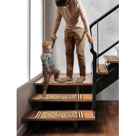 Stair Treads Rubber Backing - Indoor Skid Resistant Stair Tread (8.5" x 26") Beautiful Floral Design Stair Mats with Rubber Backing Stair mats (1999-Beige Floral)