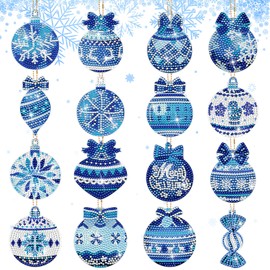 SelfTek Pack of 16 Christmas Baubles Diamond Painting Christmas Pendants, Diamond Painting Children, Double-Sided DIY, 5D Diamond Painting Keyring for Christmas Decoration and Gift
