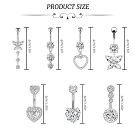 7 Piece Belly Button Piercing Ring Set, Hypoallergenic Heart and Butterfly Belly Button Piercing, Piercing Belly Button for Women, Ladies, Stainless Steel