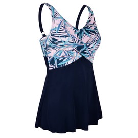 Septangle Vestido de natación de una pieza para mujer, con falda, talla grande, traje de baño con control de abdomen, Hojas de color azul marino y rosa, 8