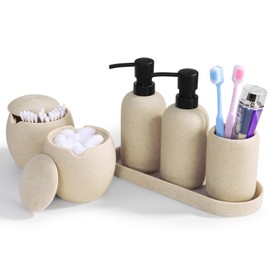 6-Piece Bathroom Accessories Set - Resin Bathroom Set, Lotion Dispenser, Tumbler, Vanity Tray, Cotton Swab Jars with Lids, Bathroom Organizer, Elegant Bath Decor for Home Dorm Hotel Countertop (Beige)