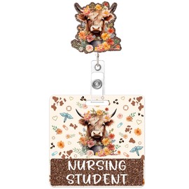 Nursing Student Badge Reel and Buddy, Highland Cow Flower Retractable ID Holder with Swivel Clip and Badge Buddy, Gifts for Student Nurse