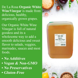 De La Rosa Organic White Wine Vinegar, Raw & Unfiltered, with the “Mother”, Kosher for Passover, Vegan, Non-GMO & Gluten Free, Great for Salad Dressings, Marinades & More 10 Liters (Pack of 1)