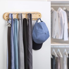 Richards Homewares Tie Rack Wall Mounted - Wood Belt Scarf Hanger with 21 Chrome Hooks for Closet for Storage and Organization Natural