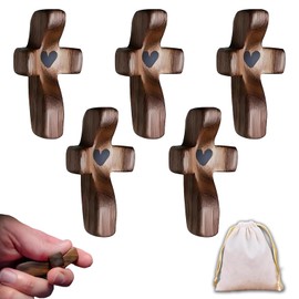 KyooteLfv Cross My Heart, Encouragement Gift Wooden Cross for Christians, Fingertip Stress Relief Religious Gifts for Praying, Small Pocket Cross in Bulk with Bag, Walnut Wooden Crosses, 5 pcs