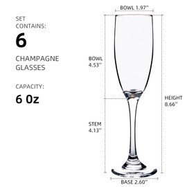 CZUMJJ Glass Champagne Flutes Set of 6, Elegant Long Stem Champagne Glasses Set for Wedding, Party, 6oz Good for Sparkling Wine