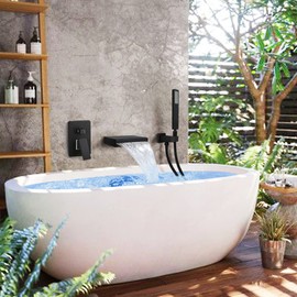 SKOWLL Modern Bathtub Faucet, Wall-Mounted Widespread with Hand Shower, Single Single Waterfall Spout, Matte Black