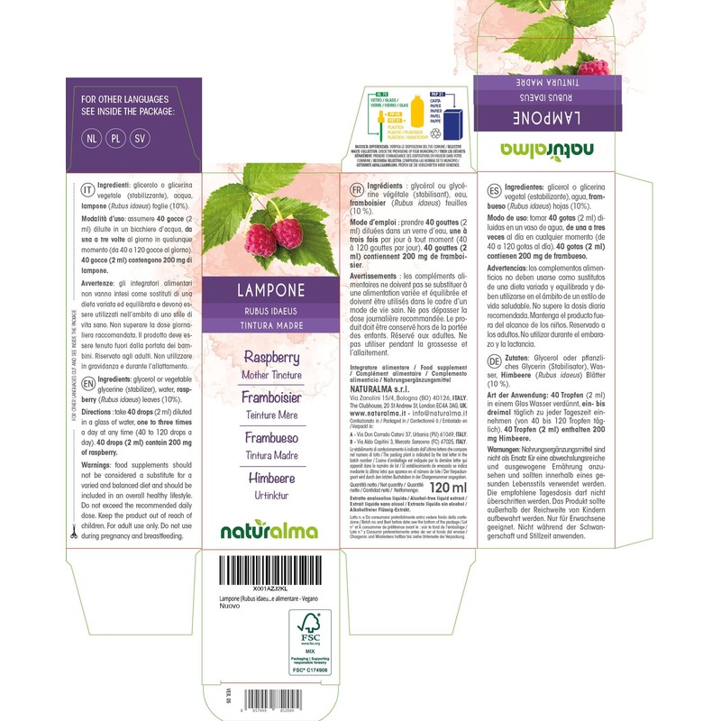 Raspberry (Rubus idaeus) Leaves Alcohol-Free Mother Tincture Naturalma - Liquid