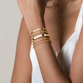 5PCS Gold Bracelet Stack for Women Non Tarniosh, Dainty Stackable Gold Bracelets Set, Stainless Steel Cuff & Chain Bracelets for Women Trendy, Fashion Jewelry Set Gift