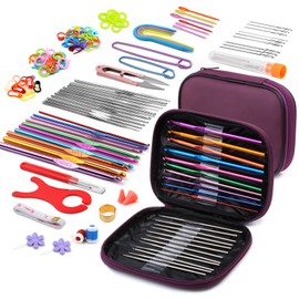 IMZAY 110 Pcs Crochet Hooks Set, Crochet Needles Set, Crochet Hooks with Storage Case, Ergonomic Knitting Needles Blunt Needles Stitch Marker DIY Hand Knitting Craft Art Tools for Beginners-Purple