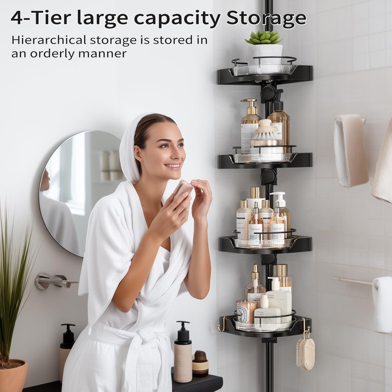 YCIA&DONE 360° Rotating Corner Shower Caddy Tension Pole, Black