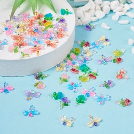 Pandahall 100Pcs Mini Resin Flower Dragonfly Cabochons Flatback Floral Resin Beads Scrapbooking Accessories 10 Styles for Jewelry Making Hair Ornaments Nail Decoration