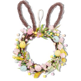Easter Bunny Wreaths, 16 Inch Bunny Wreath for Front Door with Lights, Artificial Wreath Decorations Colorful Eggs and Bunny Ear Wreaths for Spring Easter Holiday Home Party Wall Decor