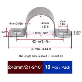 MgcTolBox Pack of 10 heavy U-pipe clamps, diameter 40 mm, stainless steel pipe clamp, hose buckle, pipe holder, various sizes