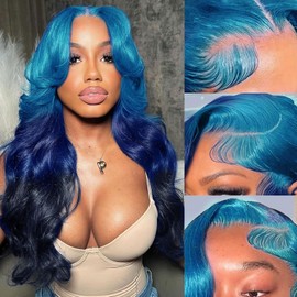 haha Ombre Blue Lace Front Wig Human Hair 3 Tones Light Blue to Dark Blue Wig Human Hair Navy Blue Body Wave 13x4 HD Transparent Lace Frontal Wig Pre Plucked 180% Density 22 Inch